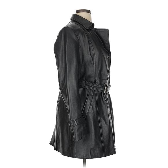 Genuine Leather Trench Belted Jacket Blazer Coat Black Longline Moto Buckle - Picture 3 of 12